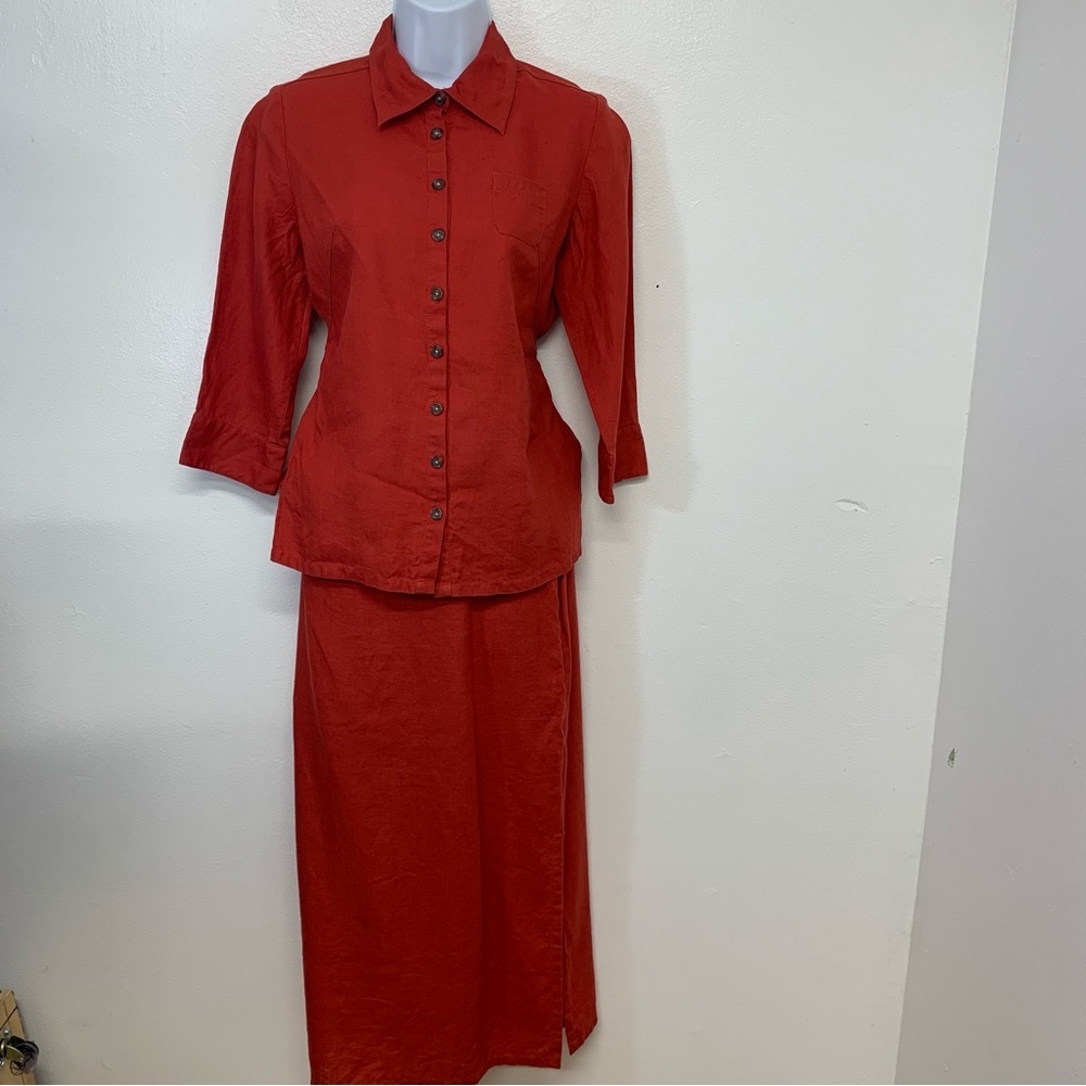 Talbots Irish‎ Linen Skirt Set Midi Button Up Top  Size 4 Orange Business Travel